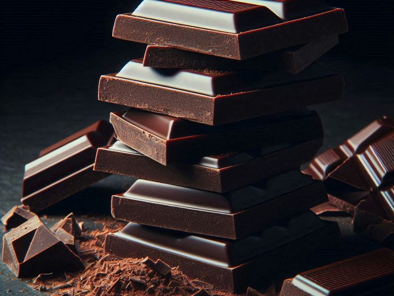Dark chocolate pieces stacked on a slate surface — organic cocoa is a key ingredient in AZENALENE™'s patent-pending formulation